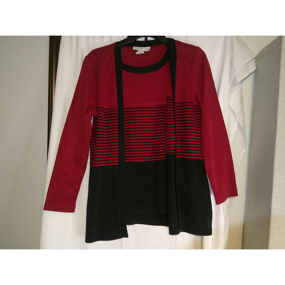 Megan‎ Lee Red Black Striped Long Sleeve Cardigan Sweater Layered Look